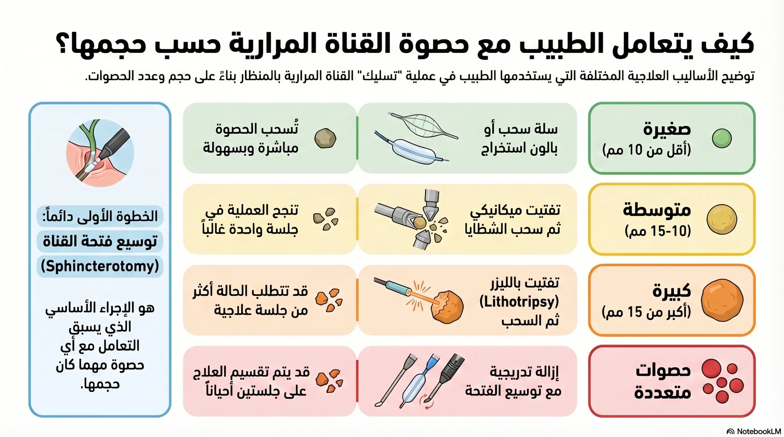 كيف يتعامل الطبيب مع حصوة القنوات المرارية حسب حجمها؟