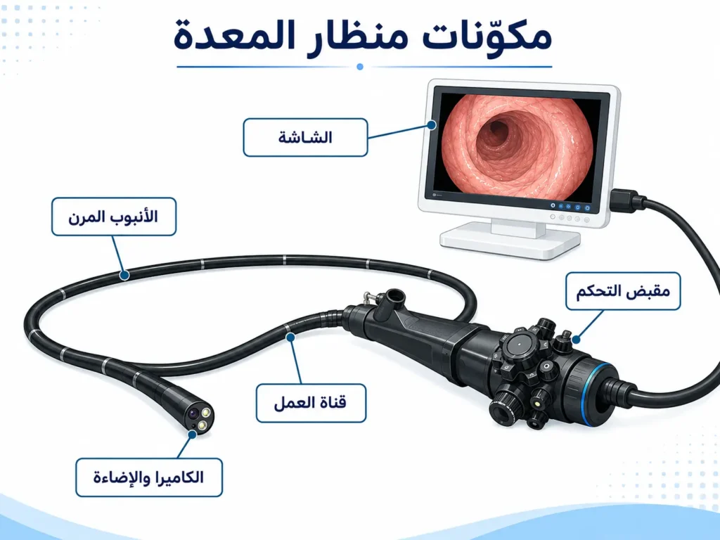 مكونات منظار المعدة الأنبوب المرن والكاميرا والإضاءة وقناة العمل ومقبض التحكم